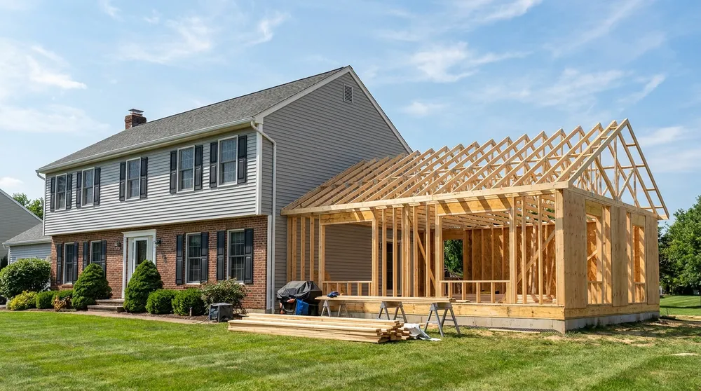 New room addition framed in lumber attached to a two story colonial home