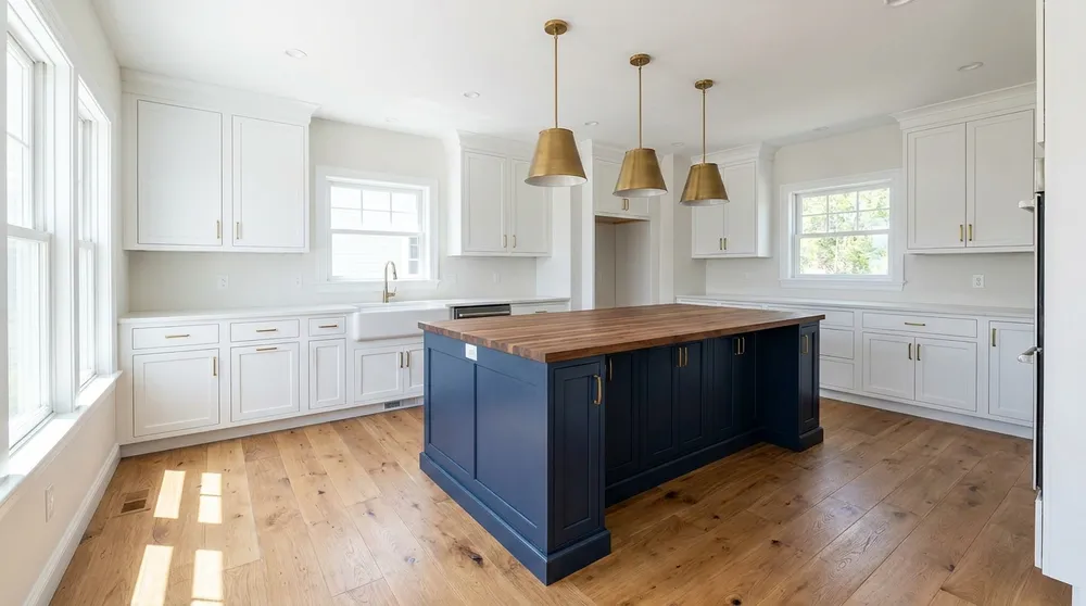 Finished kitchen remodel with a navy island, butcher block top, and white cabinets
