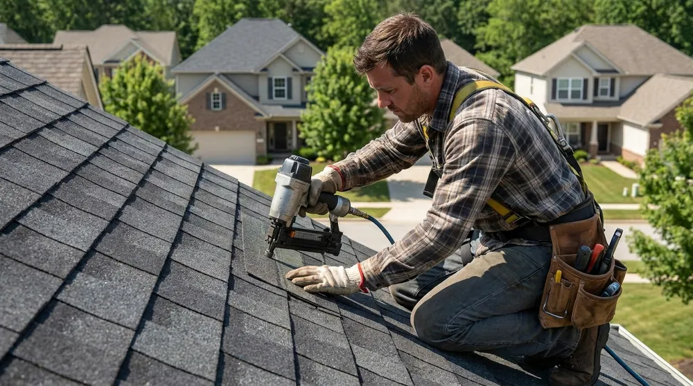 Roofer in a safety harness installing charcoal architectural shingles on a sloped roof